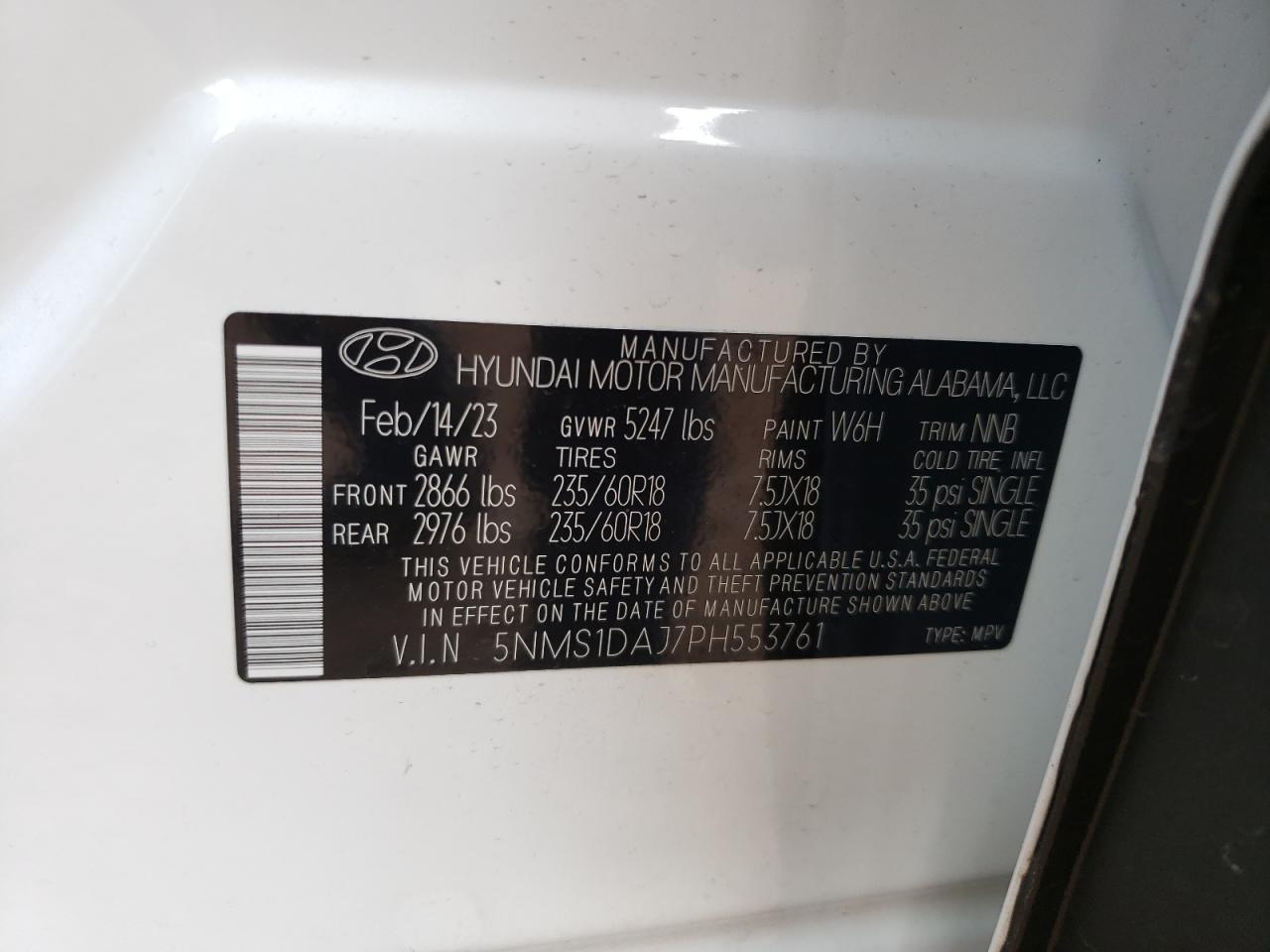 2023 HYUNDAI SANTA FE SE VIN:5NMS1DAJ7PH553761