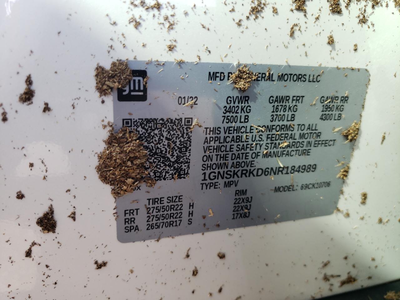 2022 CHEVROLET TAHOE K1500 RST VIN:1GNSKRKD6NR184989