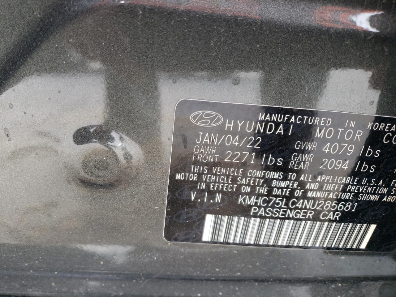 2022 HYUNDAI IONIQ SE VIN:KMHC75LC4NU285681