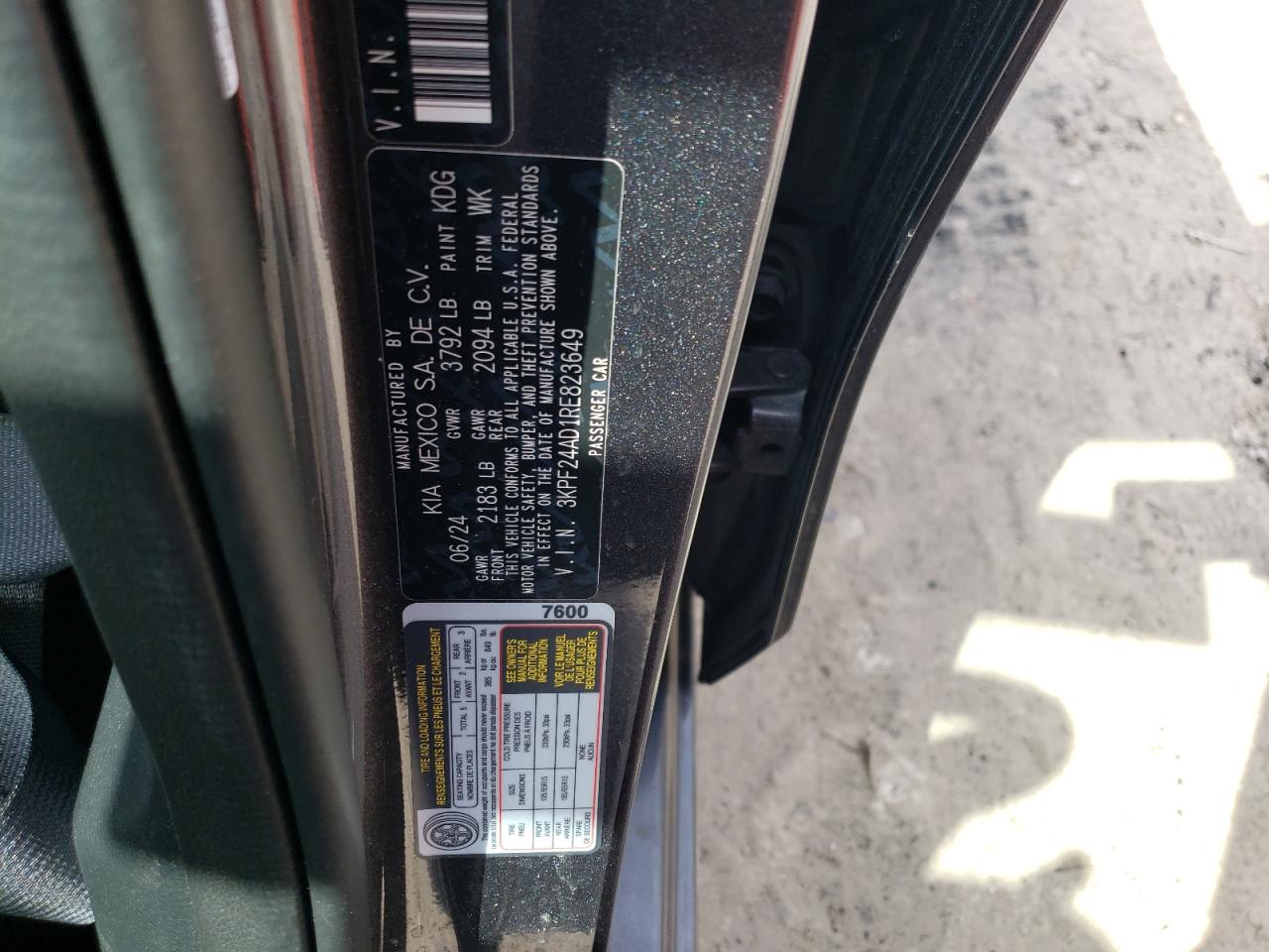 2024 KIA FORTE LX VIN:3KPF24AD1RE823649