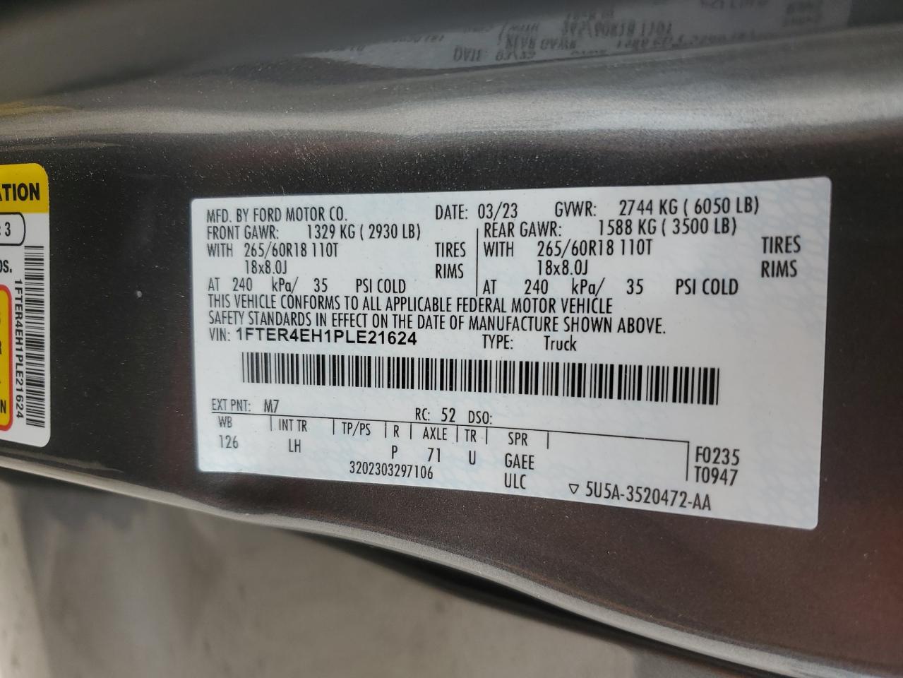 2023 FORD RANGER XL VIN:1FTER4EH1PLE21624