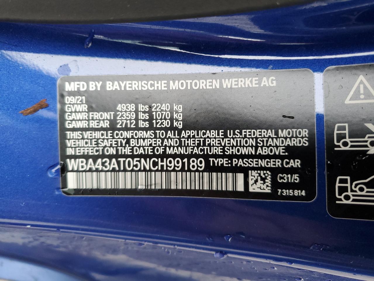 2022 BMW 430XI  VIN:WBA43AT05NCH99189