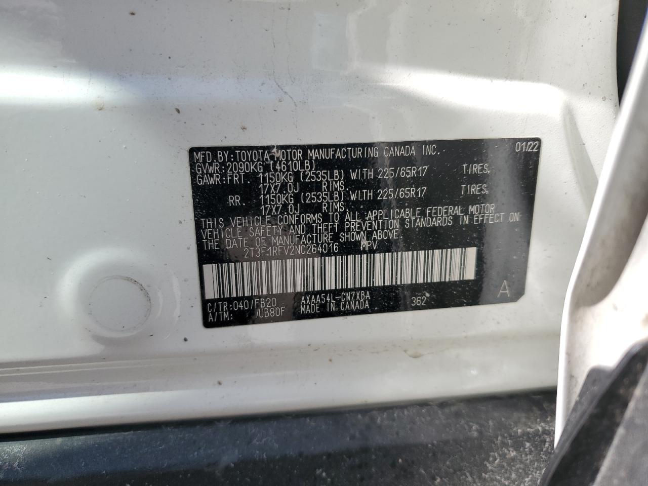2022 TOYOTA RAV4 LE VIN:2T3F1RFV2NC264016