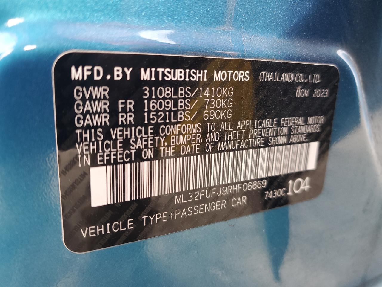 2024 MITSUBISHI MIRAGE G4 ES VIN:ML32FUFJ9RHF06669