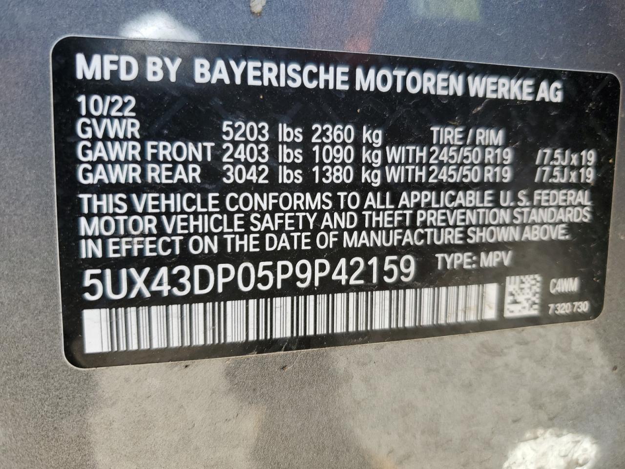 2023 BMW X3 SDRIVE30I VIN:5UX43DP05P9P42159