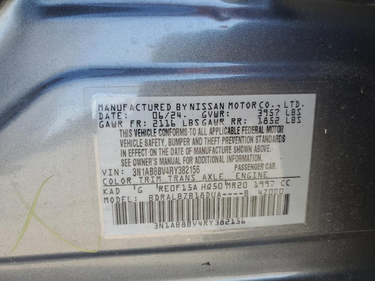 2024 NISSAN SENTRA S VIN:3N1AB8BV4RY382156