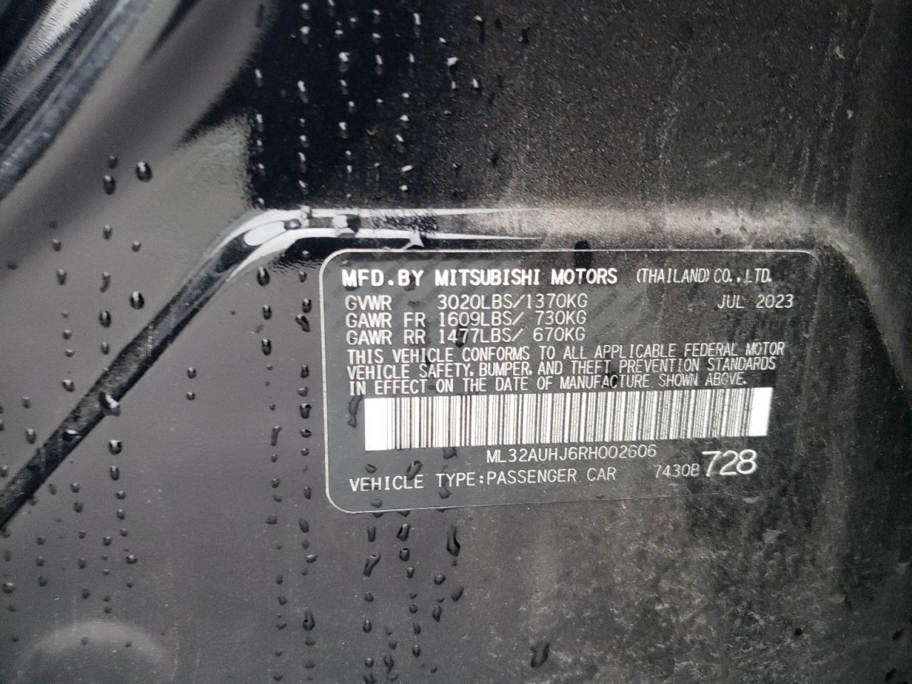 2024 MITSUBISHI MIRAGE ES VIN:ML32AUHJ6RH002606