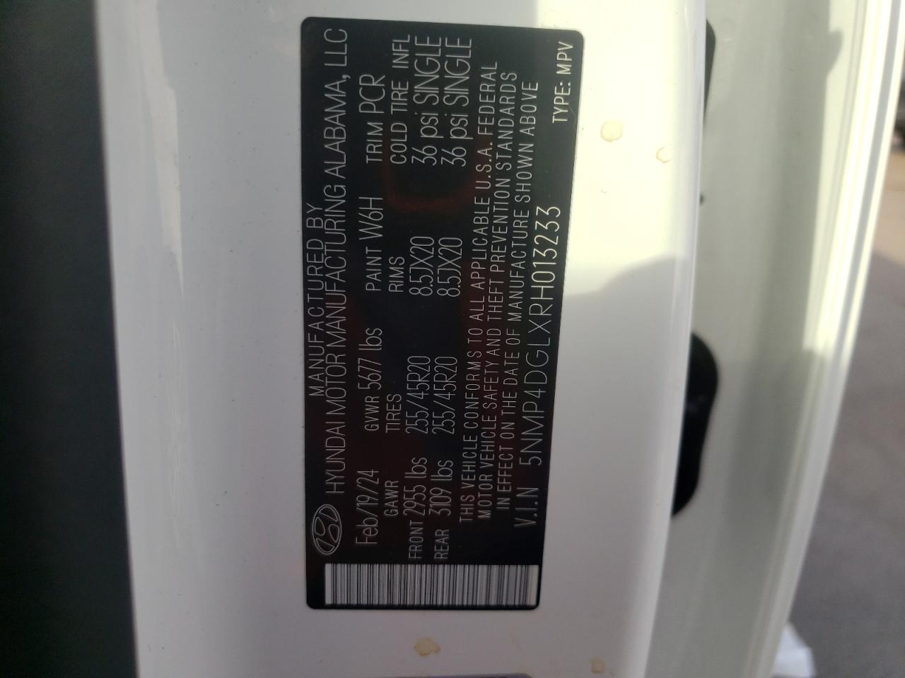 2024 HYUNDAI SANTA FE LIMITED VIN:5NMP4DGLXRH013233