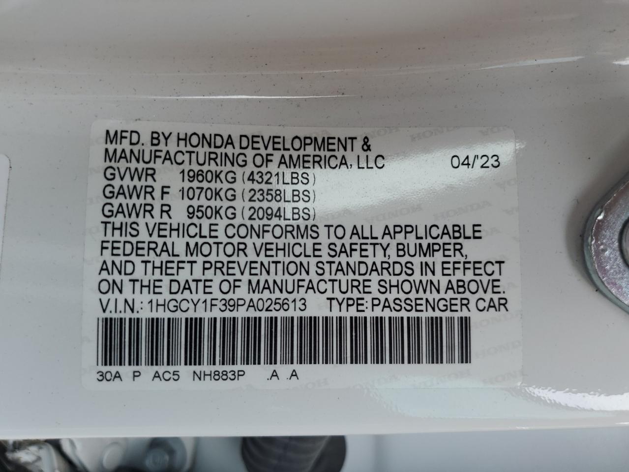 2023 HONDA ACCORD EX VIN:1HGCY1F39PA025613