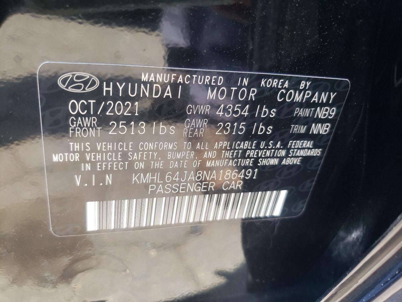 2022 HYUNDAI SONATA SEL VIN:KMHL64JA8NA186491