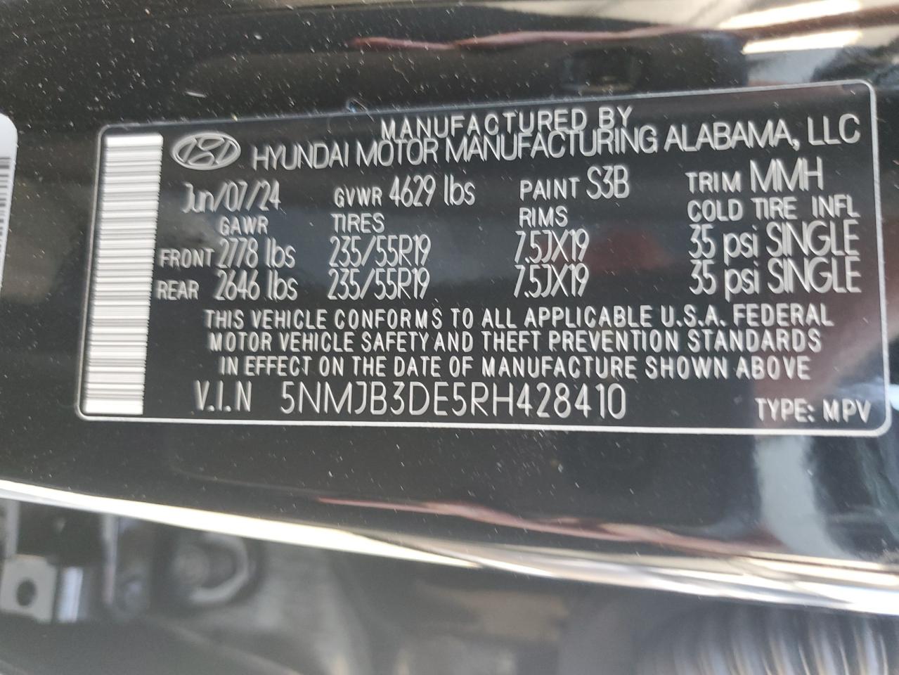 2024 HYUNDAI TUCSON SEL VIN:5NMJB3DE5RH428410