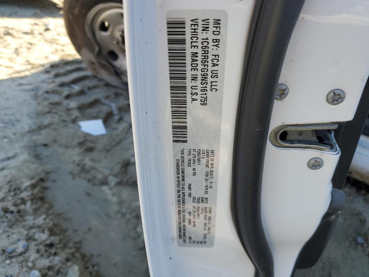 2022 RAM 1500 CLASSIC TRADESMAN VIN:1C6RR6FG9NS161759