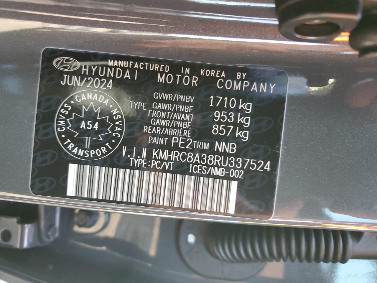 2024 HYUNDAI VENUE SEL VIN:KMHRC8A38RU337524