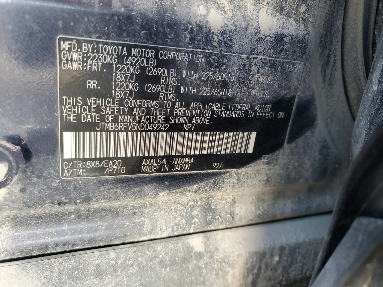 2022 TOYOTA RAV4 XLE PREMIUM VIN:JTMB6RFV5ND049242