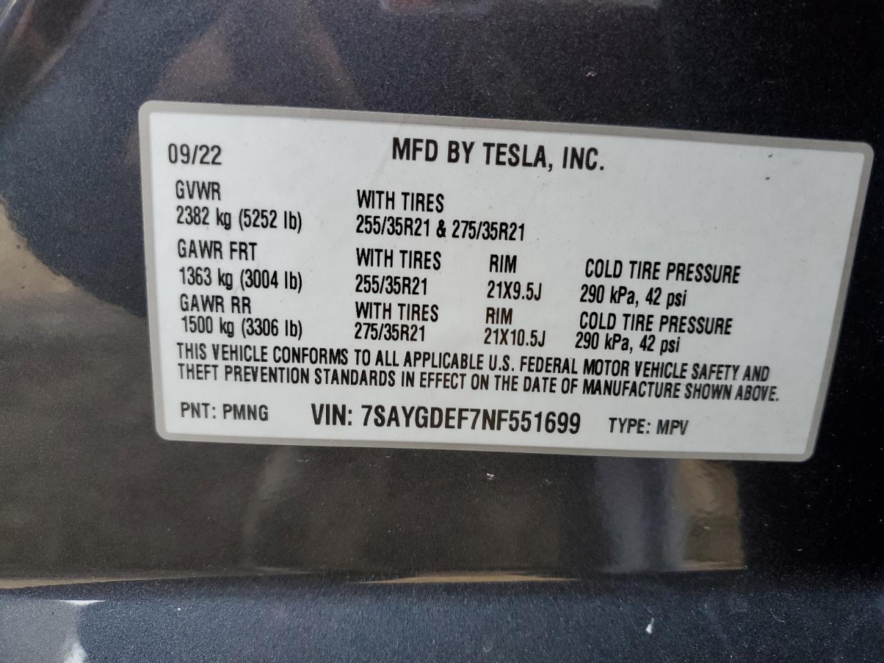 2022 TESLA MODEL Y  VIN:7SAYGDEF7NF551699