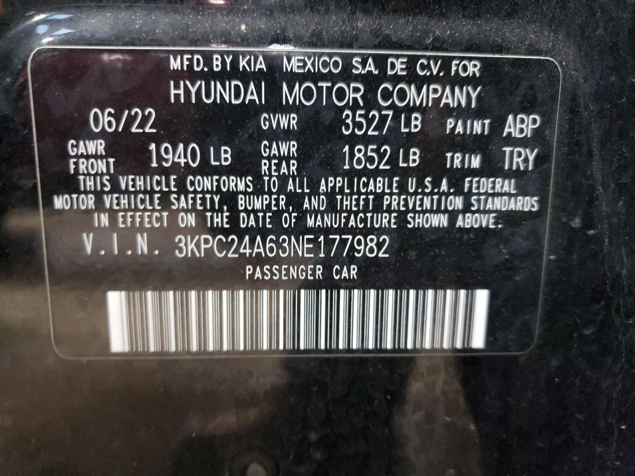 2022 HYUNDAI ACCENT SE VIN:3KPC24A63NE177982