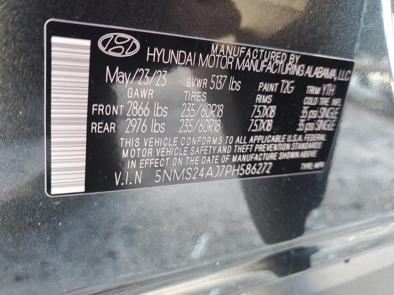 2023 HYUNDAI SANTA FE SEL VIN:5NMS24AJ7PH586272