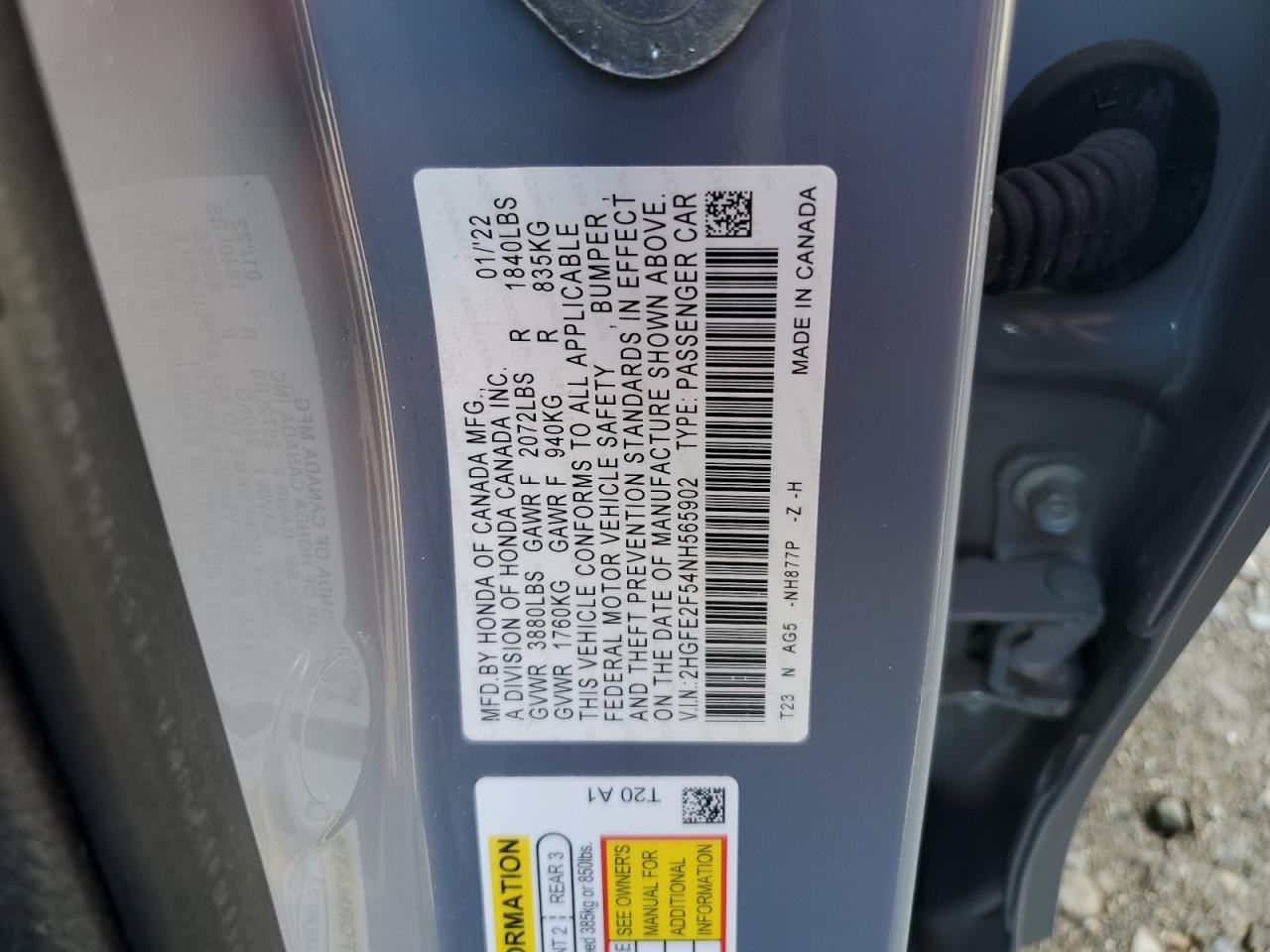 2022 HONDA CIVIC SPORT VIN:2HGFE2F54NH565902