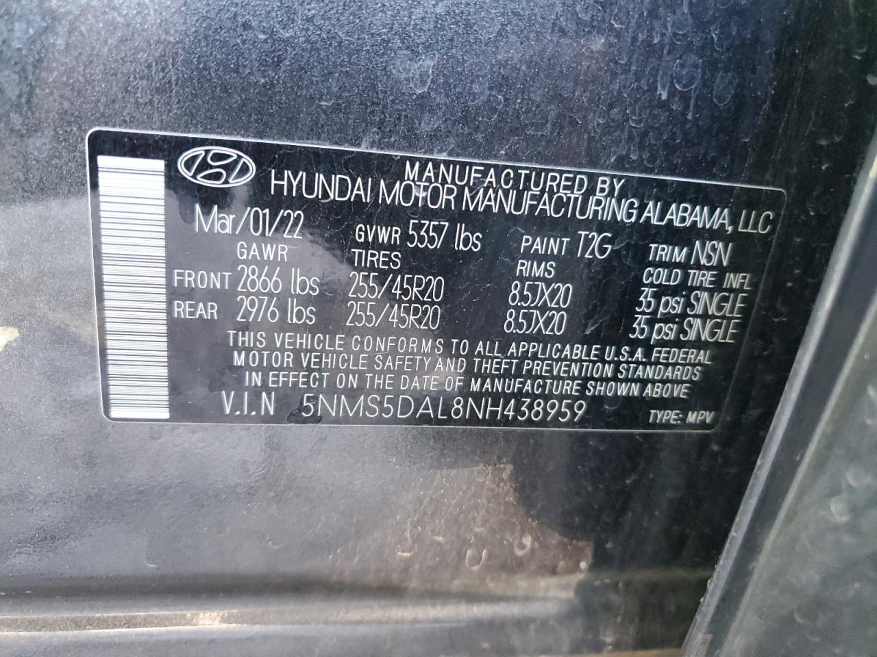 2022 HYUNDAI SANTA FE CALLIGRAPHY VIN:5NMS5DAL8NH438959