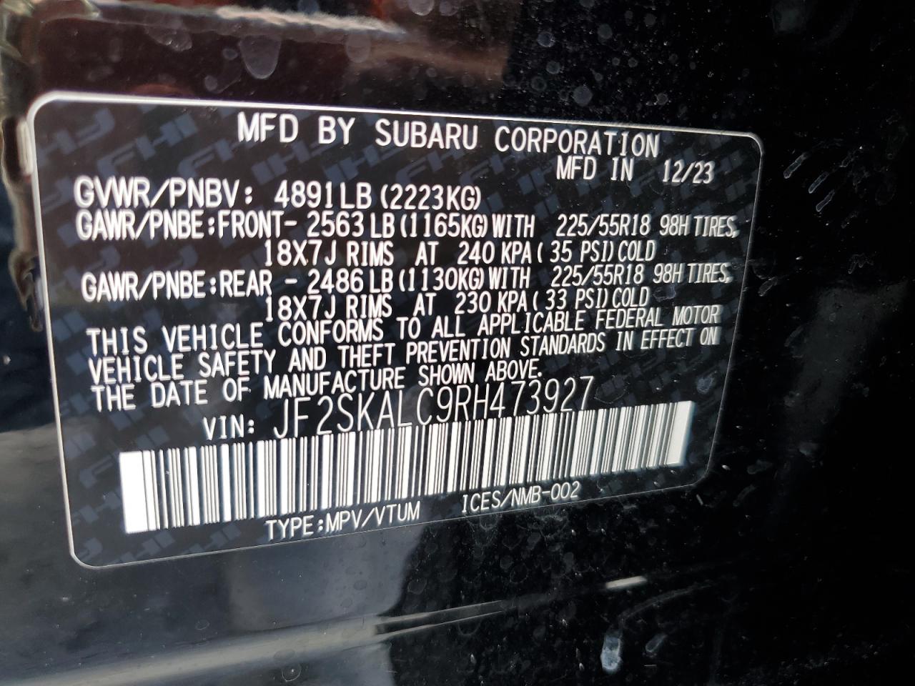 2024 SUBARU FORESTER LIMITED VIN:JF2SKALC9RH473927