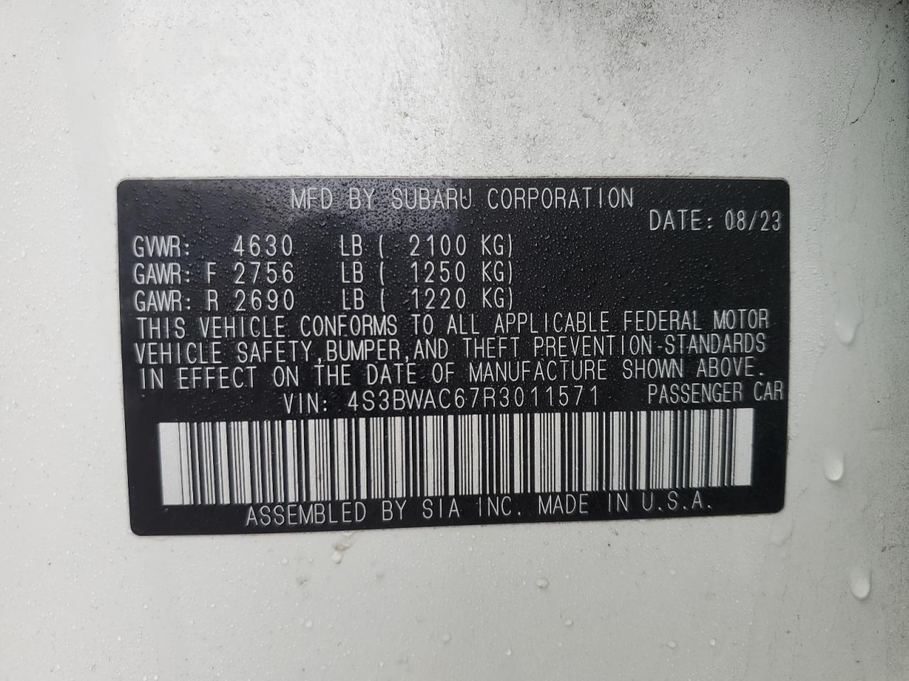 2024 SUBARU LEGACY PREMIUM VIN:4S3BWAC67R3011571