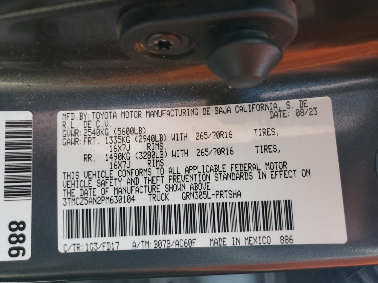 2023 TOYOTA TACOMA DOUBLE CAB VIN:3TMCZ5AN2PM630104