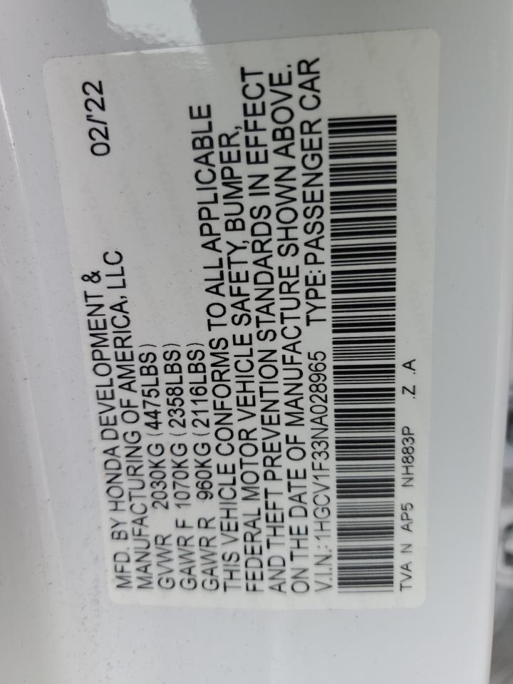 2022 HONDA ACCORD SPORT VIN:1HGCV1F33NA028965