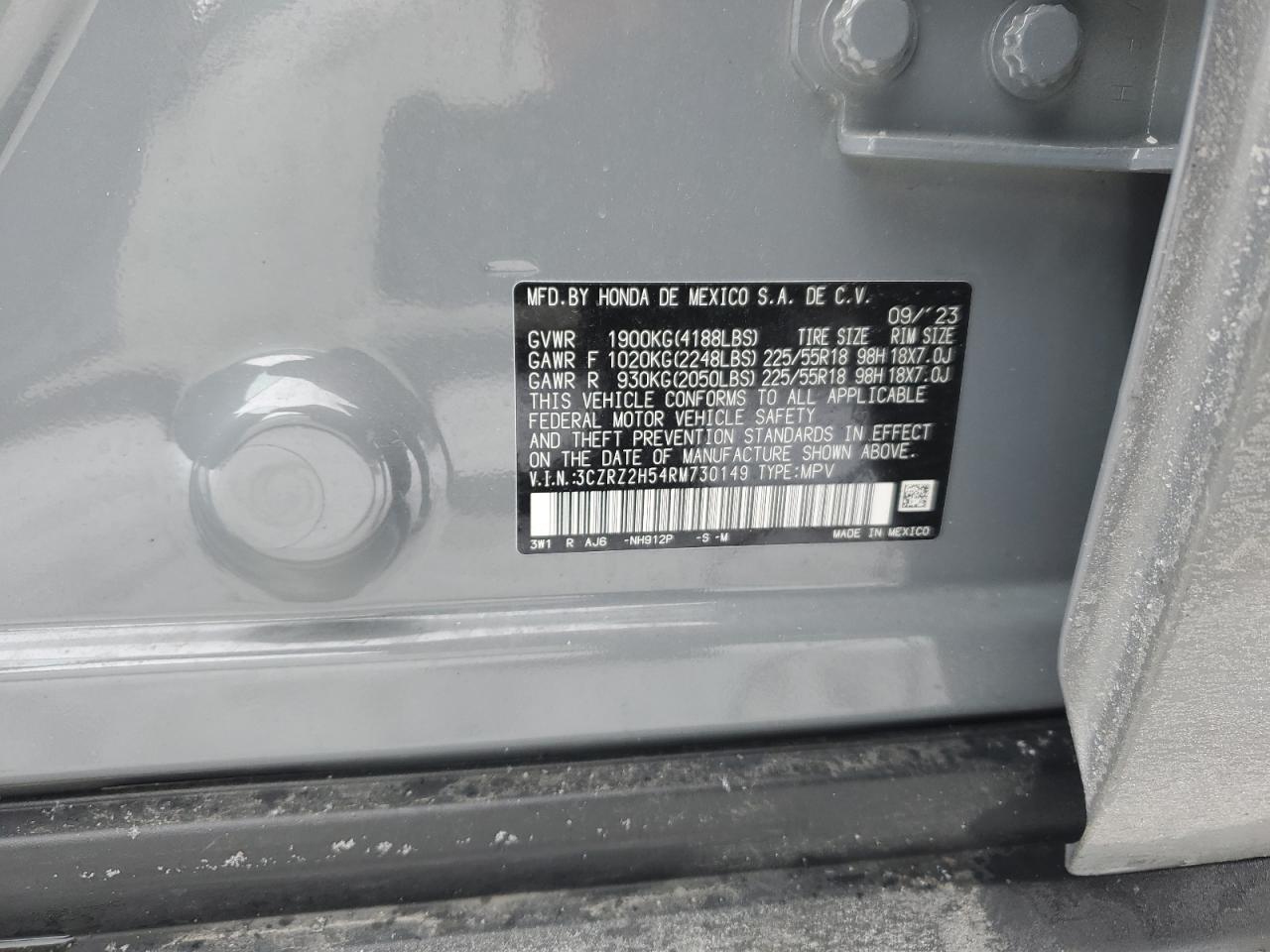 2024 HONDA HR-V SPORT VIN:3CZRZ2H54RM730149