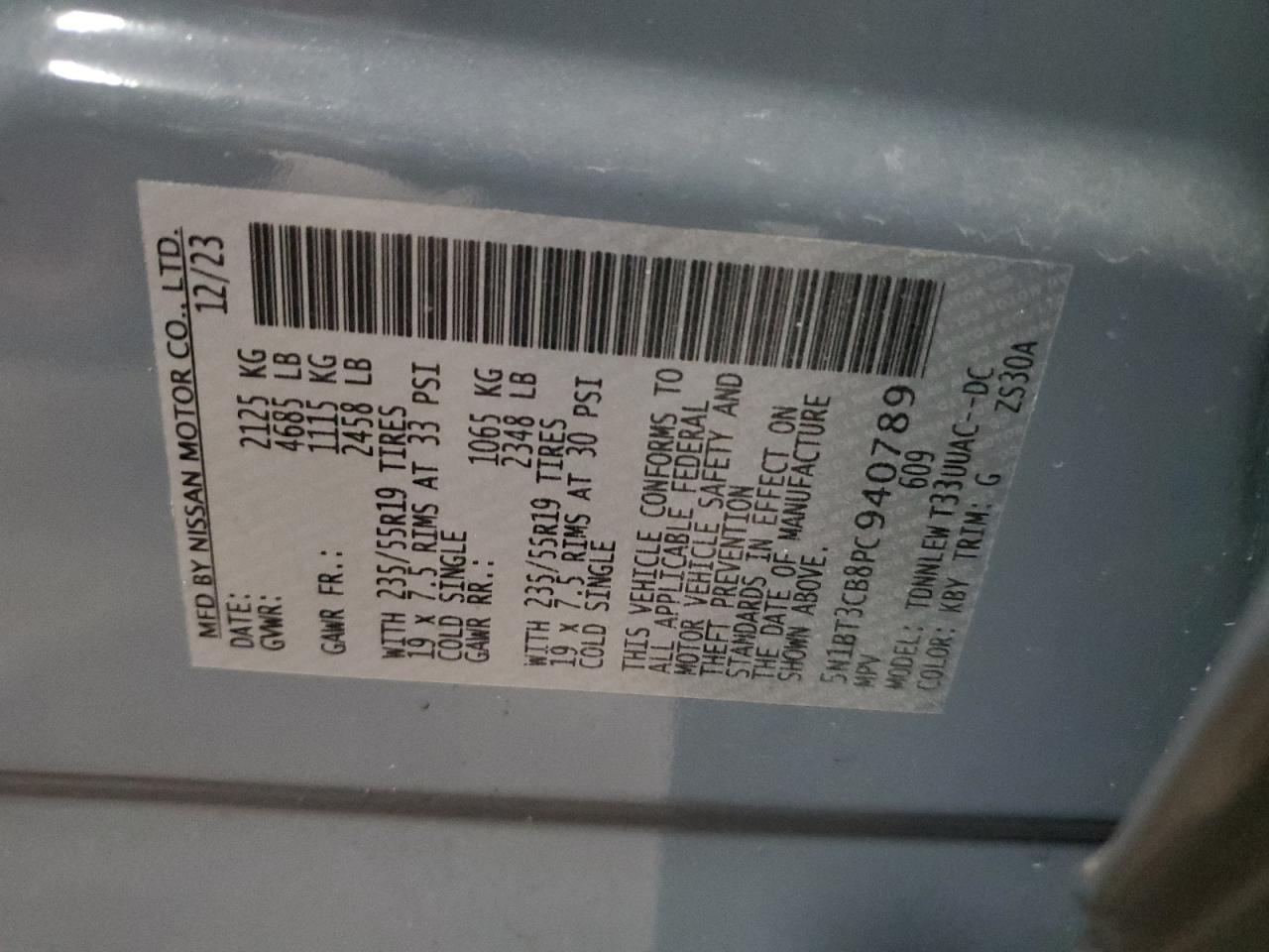 2023 NISSAN ROGUE SL VIN:5N1BT3CB8PC940789
