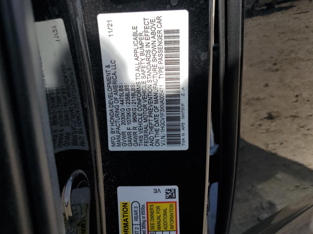 2022 HONDA ACCORD SPORT VIN:1HGCV1F3XNA005411