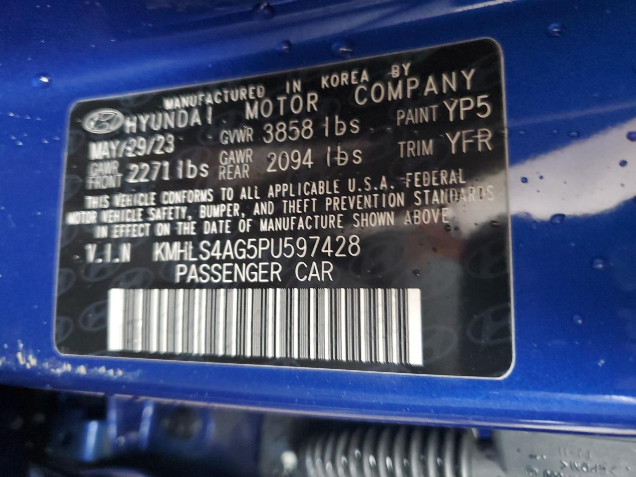 2023 HYUNDAI ELANTRA SEL VIN:KMHLS4AG5PU597428