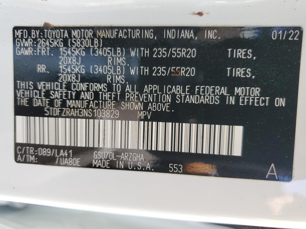 2022 TOYOTA HIGHLANDER PLATINUM VIN:5TDFZRAH3NS103829