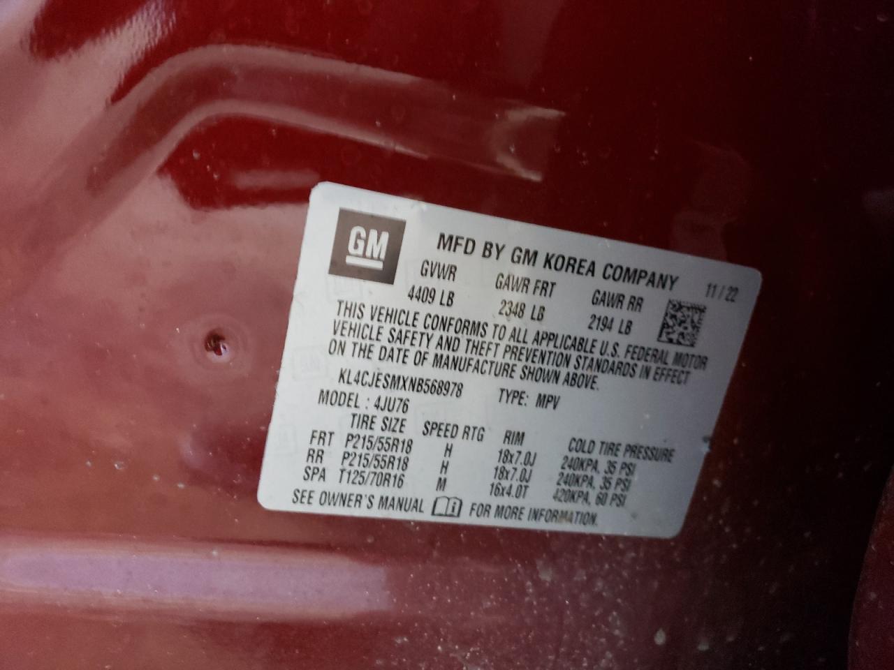 2022 BUICK ENCORE PREFERRED VIN:KL4CJESMXNB568978