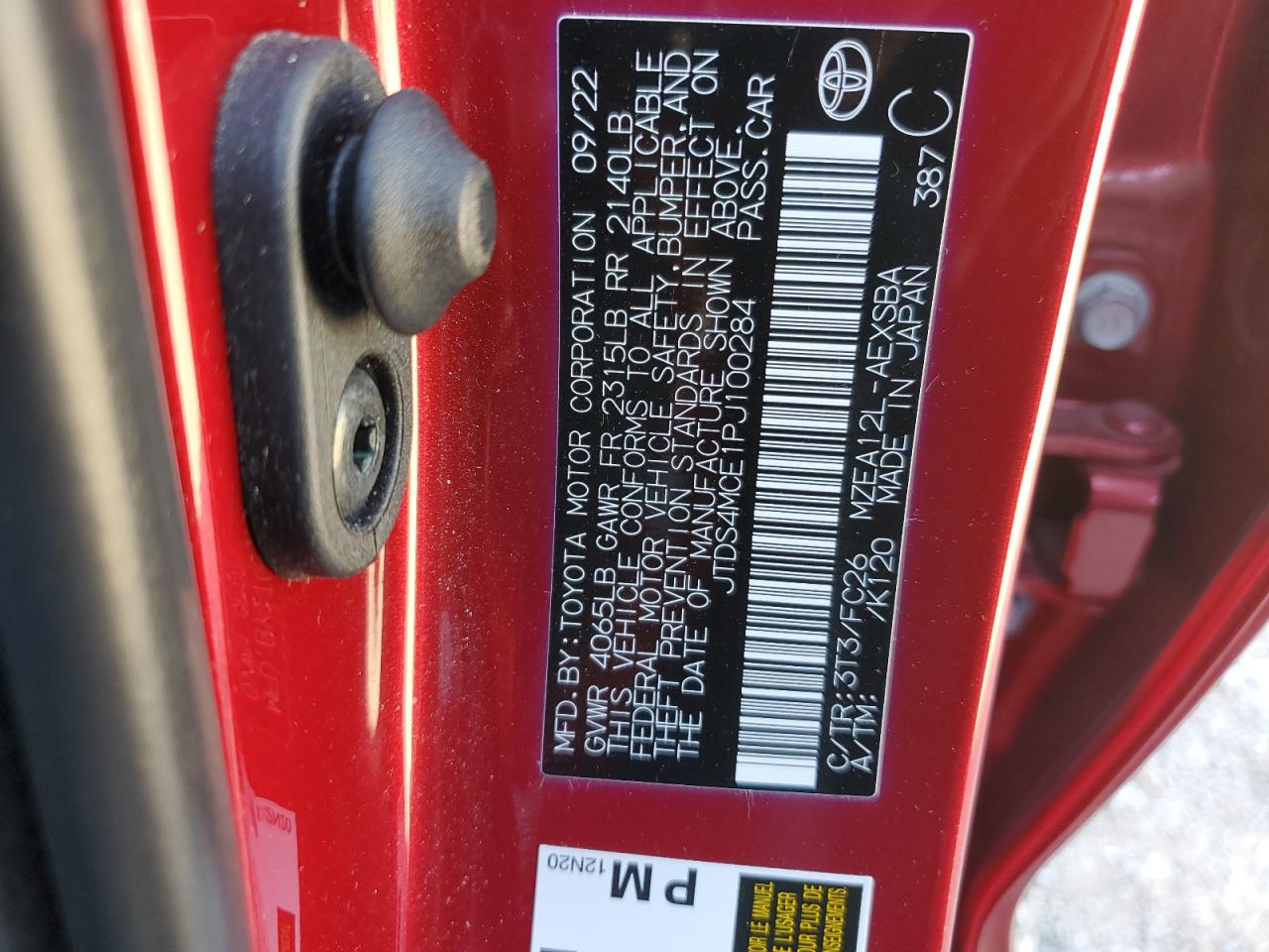 2023 TOYOTA COROLLA SE VIN:JTDS4MCE1PJ100284