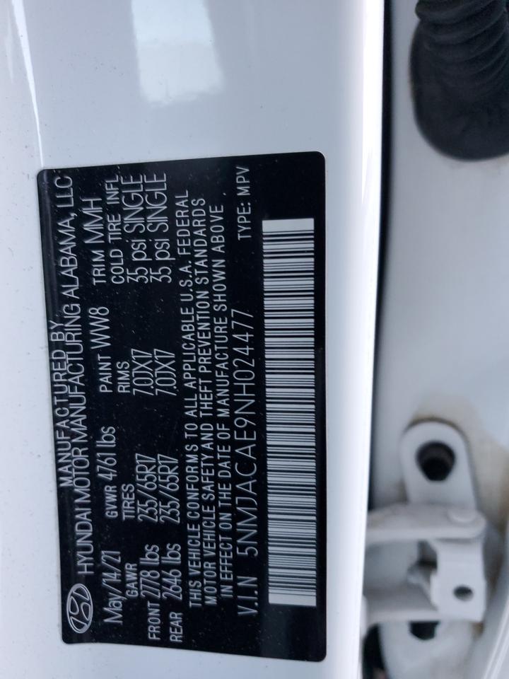 2022 HYUNDAI TUCSON SE VIN:5NMJACAE9NH024477