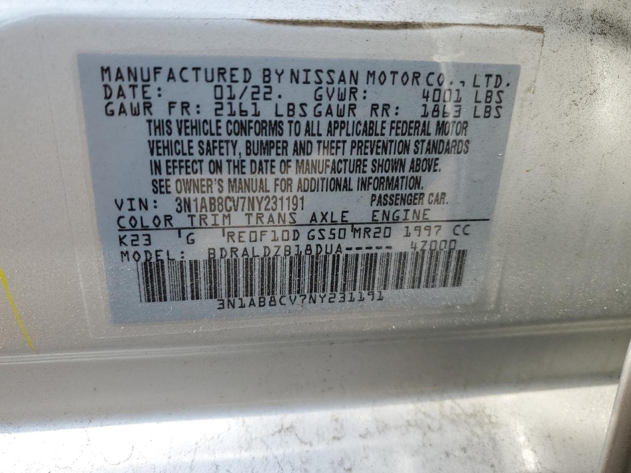 2022 NISSAN SENTRA SV VIN:3N1AB8CV7NY231191
