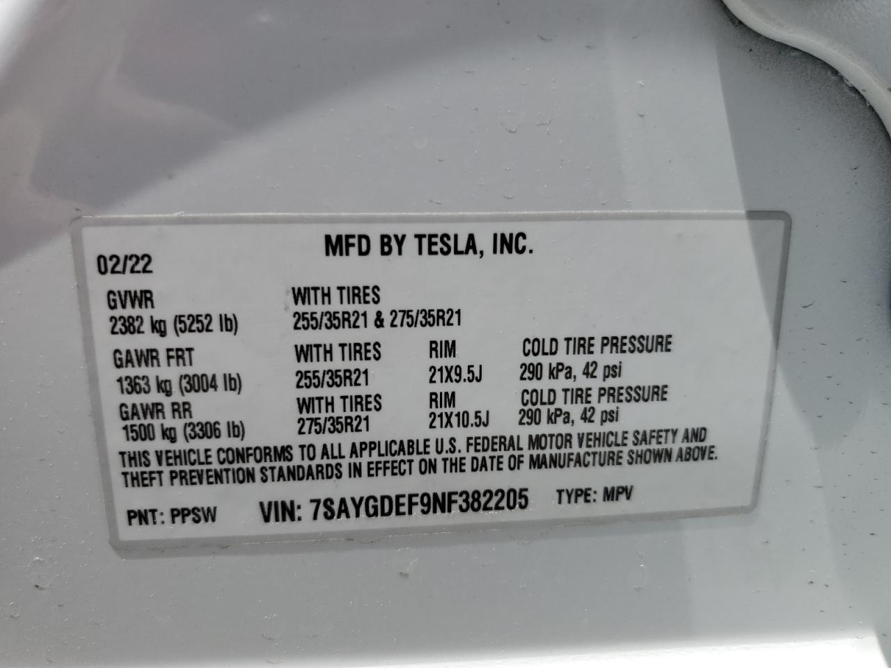 2022 TESLA MODEL Y  VIN:7SAYGDEF9NF382205