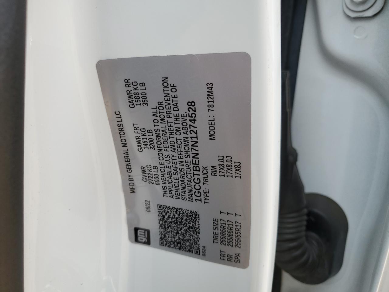 2022 CHEVROLET COLORADO  VIN:1GCGTBEN7N1274528