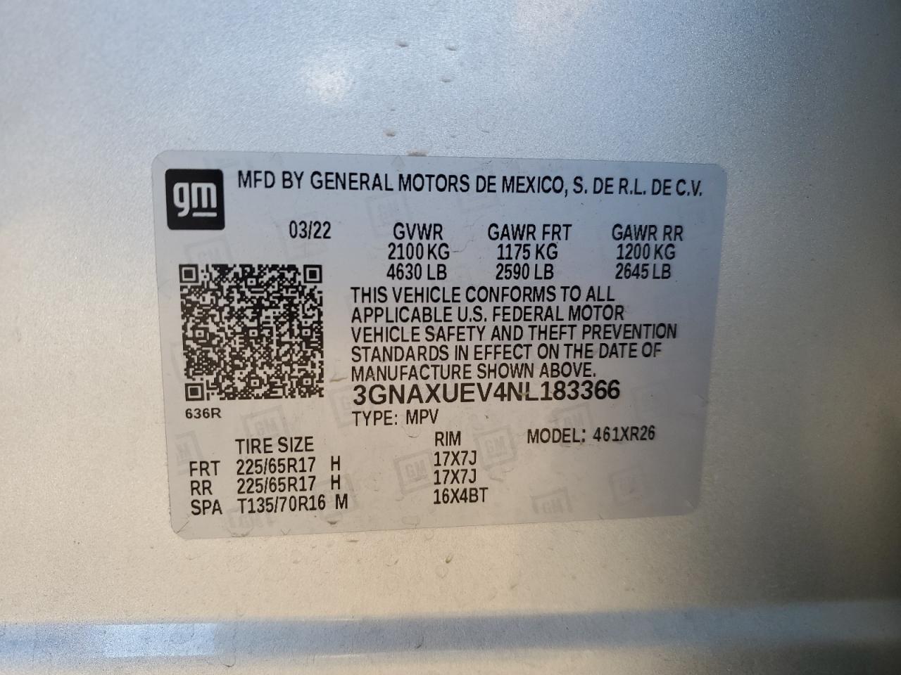 2022 CHEVROLET EQUINOX LT VIN:3GNAXUEV4NL183366