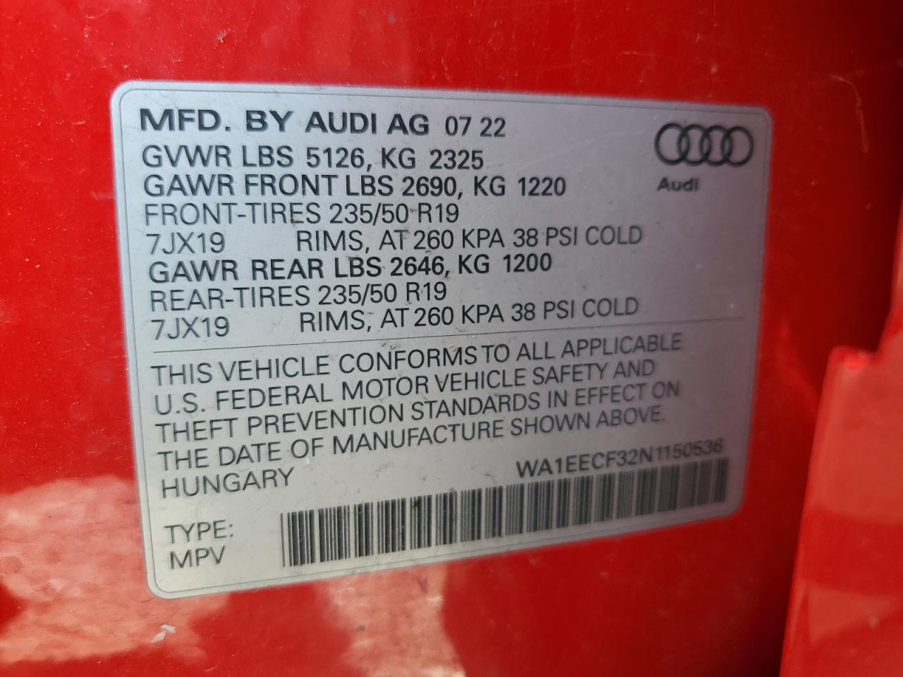 2022 AUDI Q3 PREMIUM PLUS S LINE 45 VIN:WA1EECF32N1150536