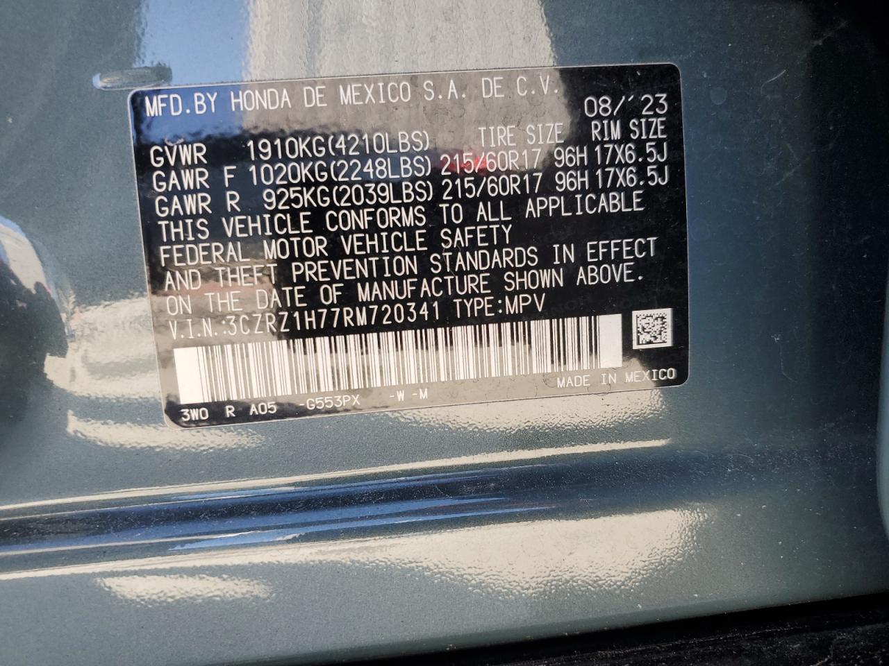 2024 HONDA HR-V EXL VIN:3CZRZ1H77RM720341