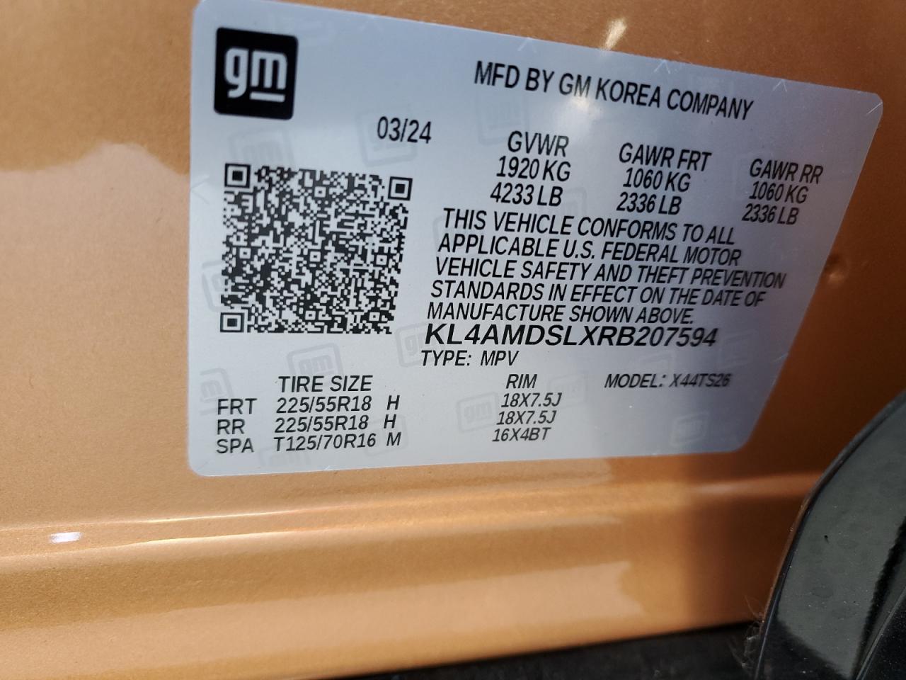 2024 BUICK ENCORE GX SPORT TOURING VIN:KL4AMDSLXRB207594