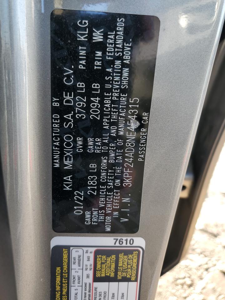 2022 KIA FORTE FE VIN:3KPF24AD8NE454315
