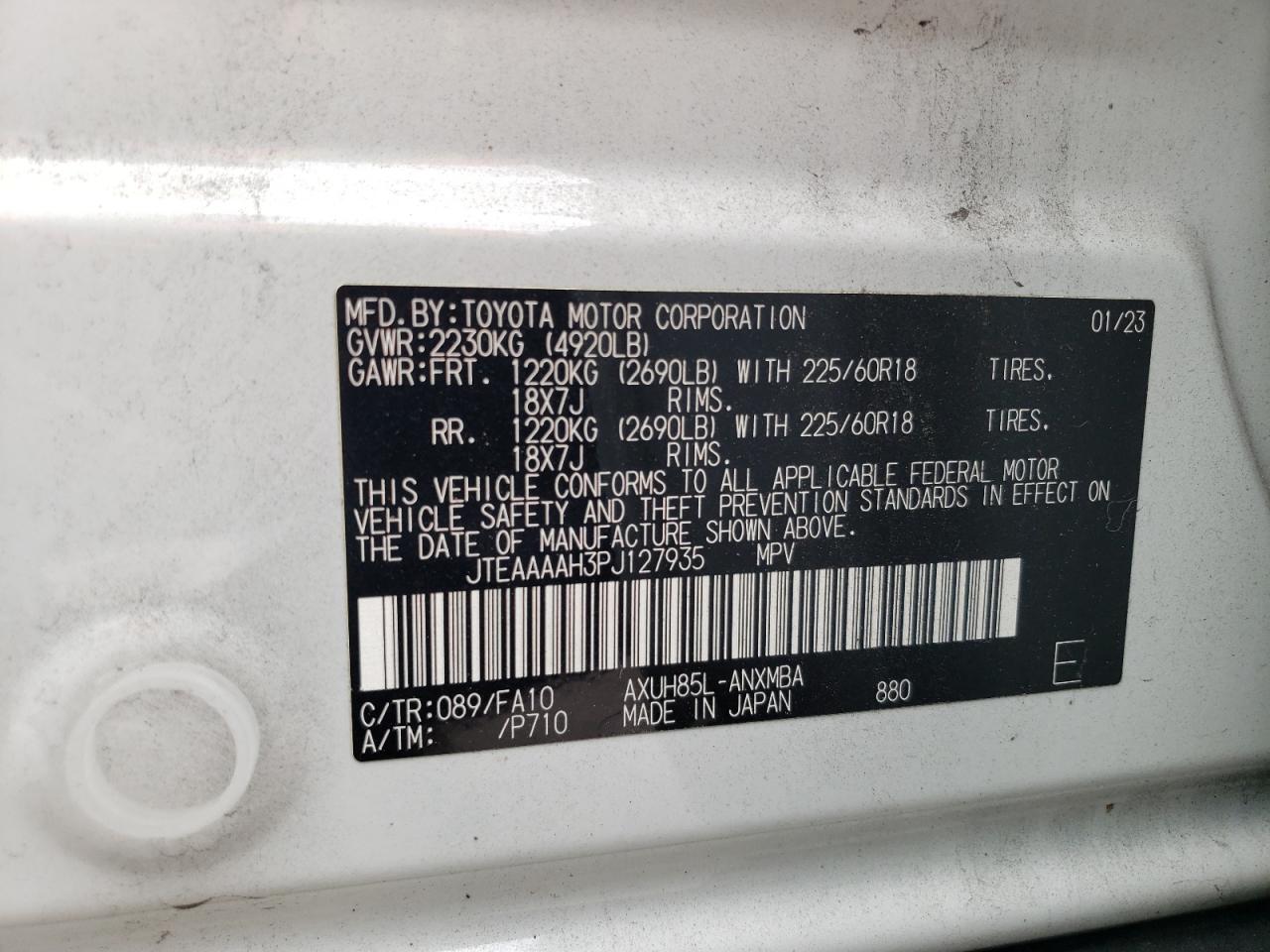 2023 TOYOTA VENZA LE VIN:JTEAAAAH3PJ127935