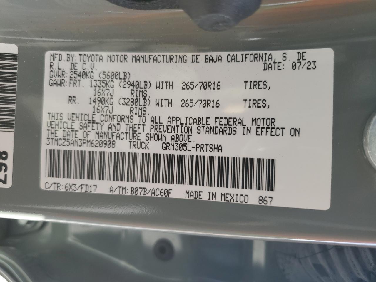 2023 TOYOTA TACOMA DOUBLE CAB VIN:3TMCZ5AN3PM620908