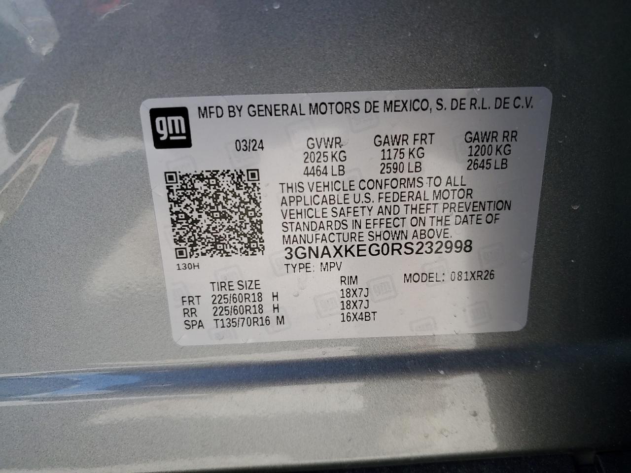 2024 CHEVROLET EQUINOX LT VIN:3GNAXKEG0RS232998