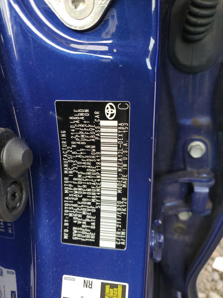 2022 TOYOTA COROLLA XSE VIN:5YFT4MCE4NP118419