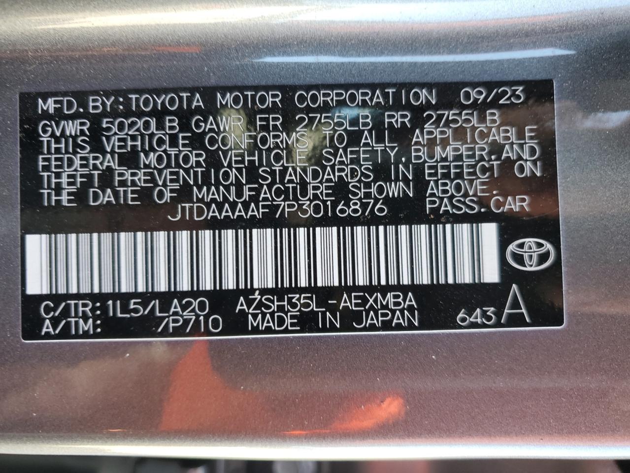 2023 TOYOTA CROWN XLE VIN:JTDAAAAF7P3016876