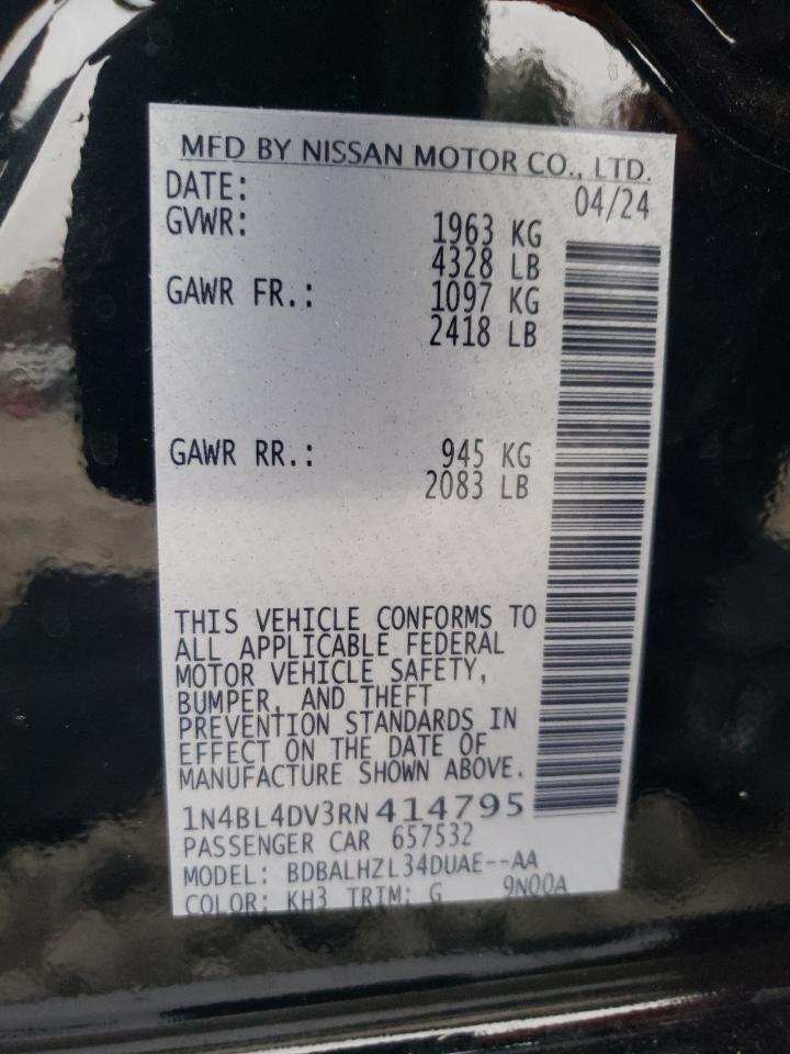 2024 NISSAN ALTIMA SV VIN:1N4BL4DV3RN414795