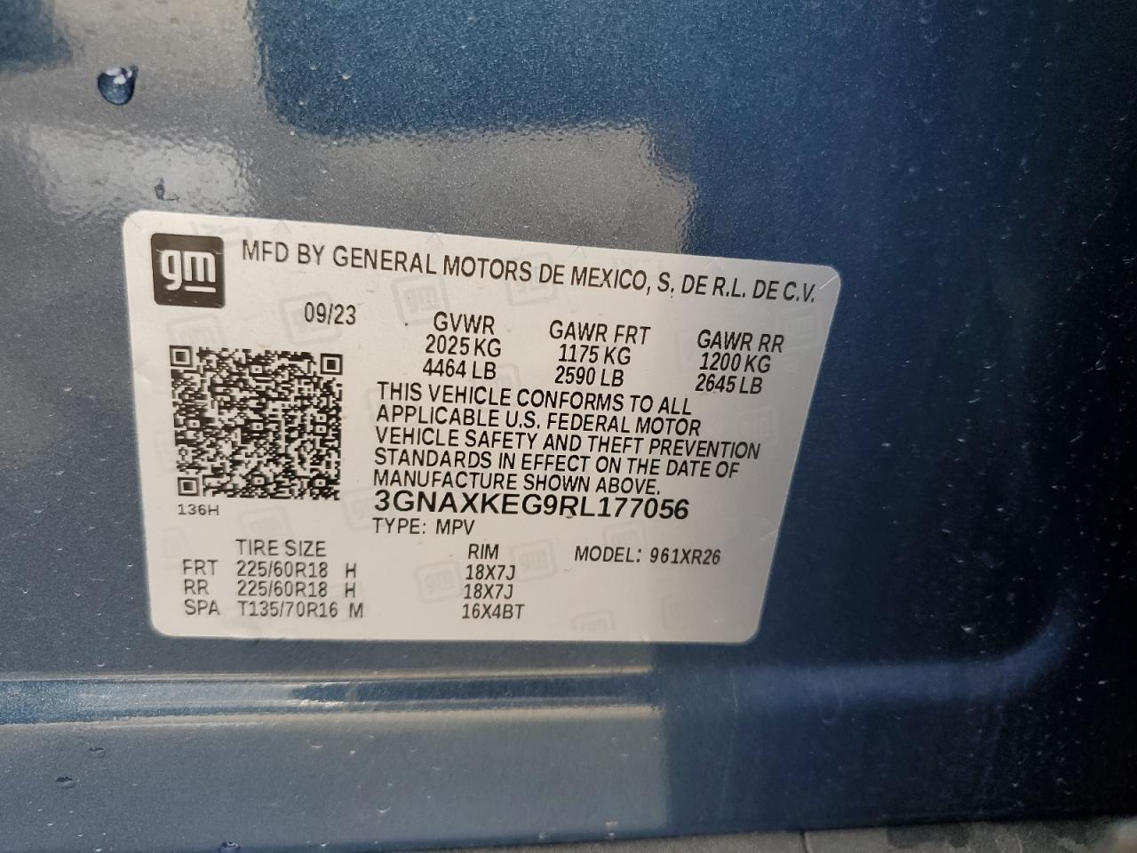 2024 CHEVROLET EQUINOX LT VIN:3GNAXKEG9RL177056